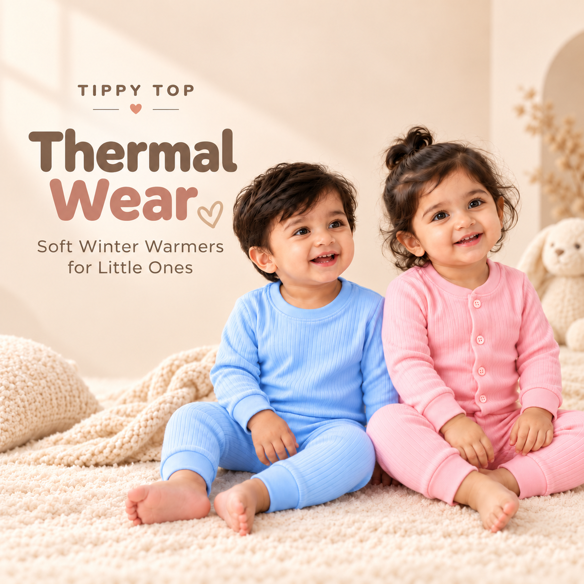 Kids thermal wear – soft ribbed thermal innerwear sets for babies in blue, pink and orange | Tippy Top
