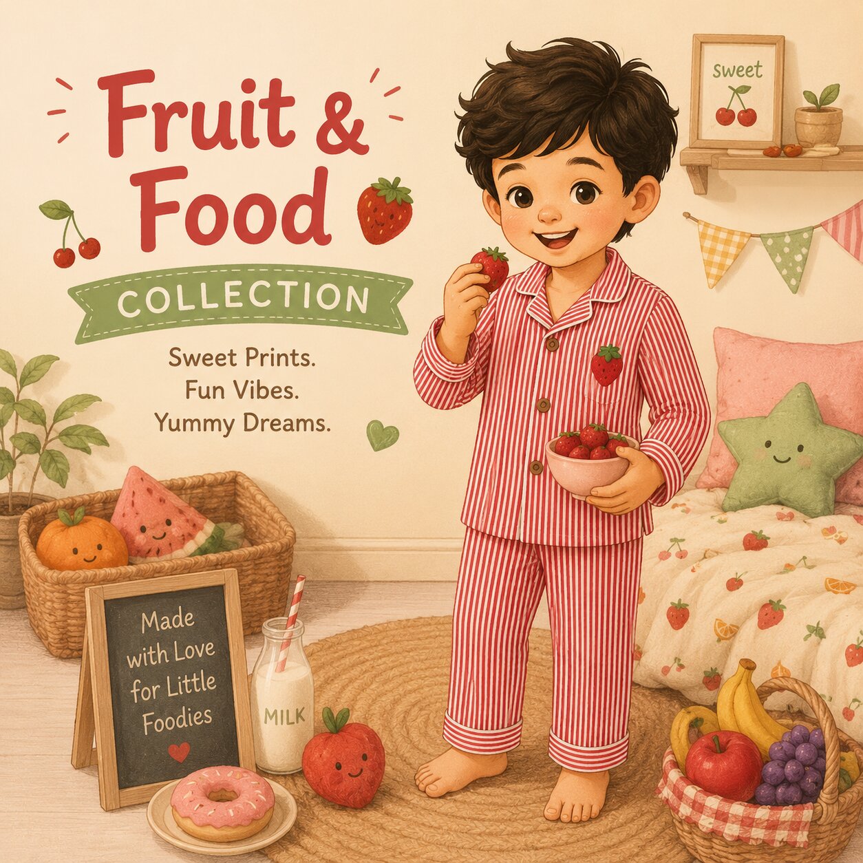Fruit & Food Patch – playful kids night suits with fun prints by Tippy Top