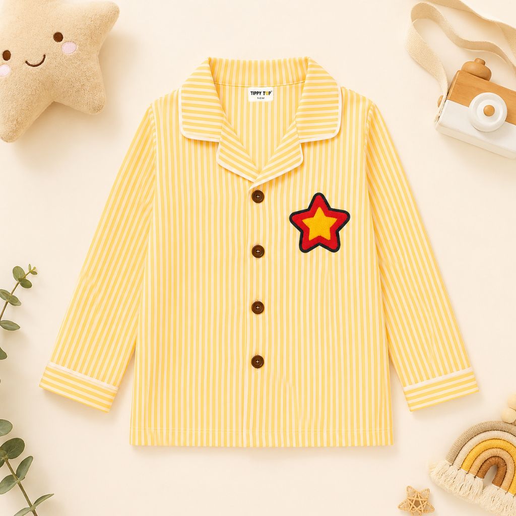 Kids Pure Cotton Night Suit | Yellow Vertical Stripe Full Sleeve Shirt & Pyjama Set with Star Patch