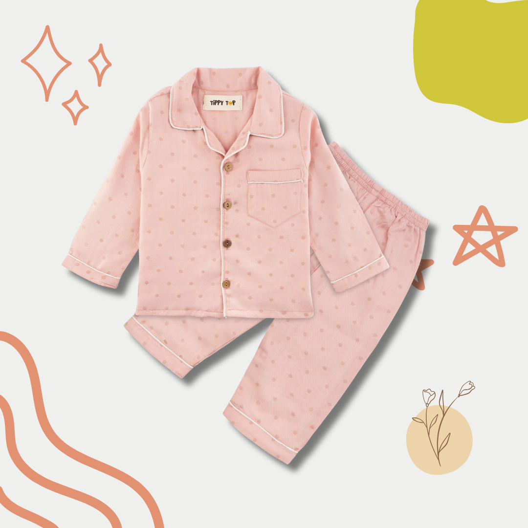Light Pink Cotton Polka Dot Printed Nightsuit Set