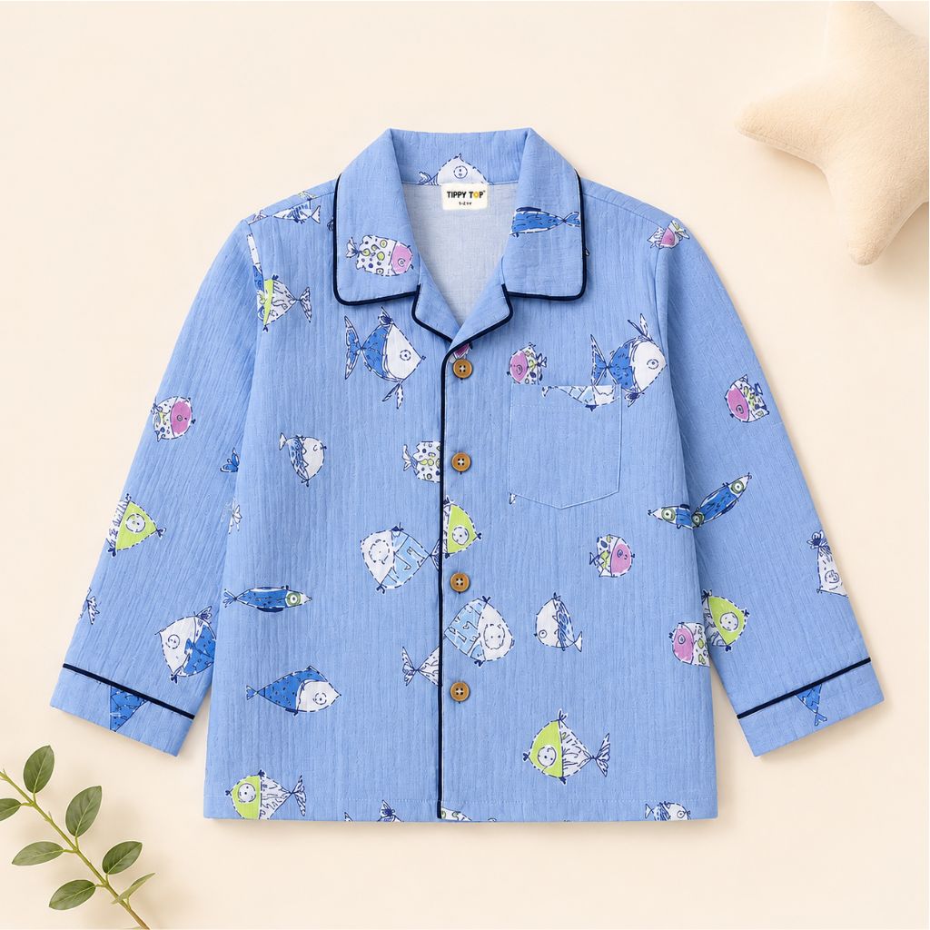 Kids Pure Cotton Fish Print Night Suit Set | Full Sleeve