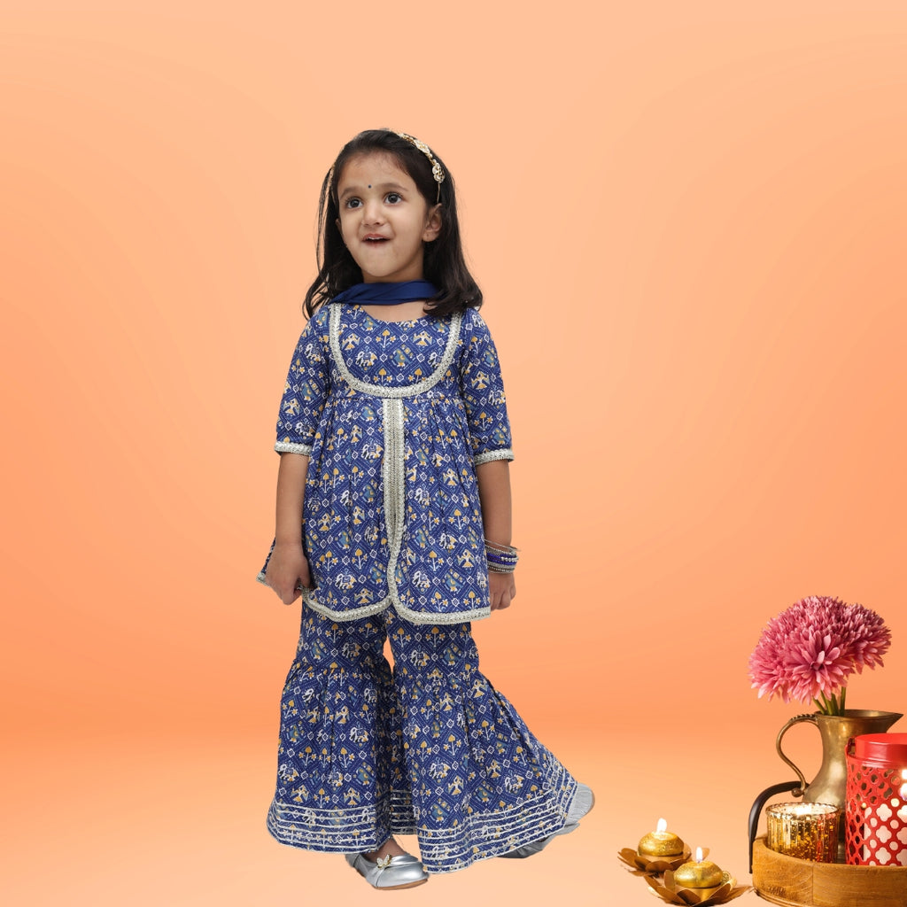 Blue Cotton Printed Sharara Set