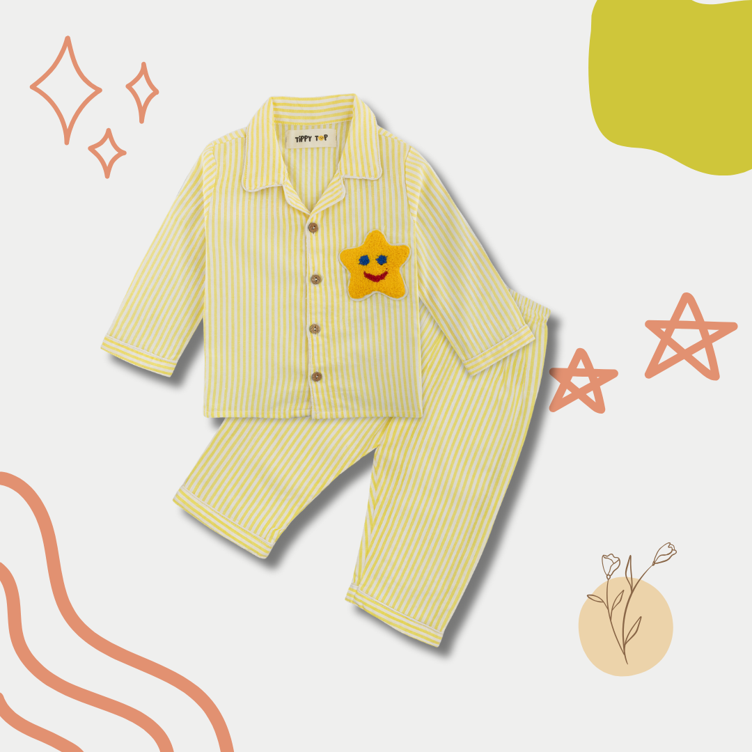 Kids Cotton Pajama Set – Striped Nightsuit with Star Patch