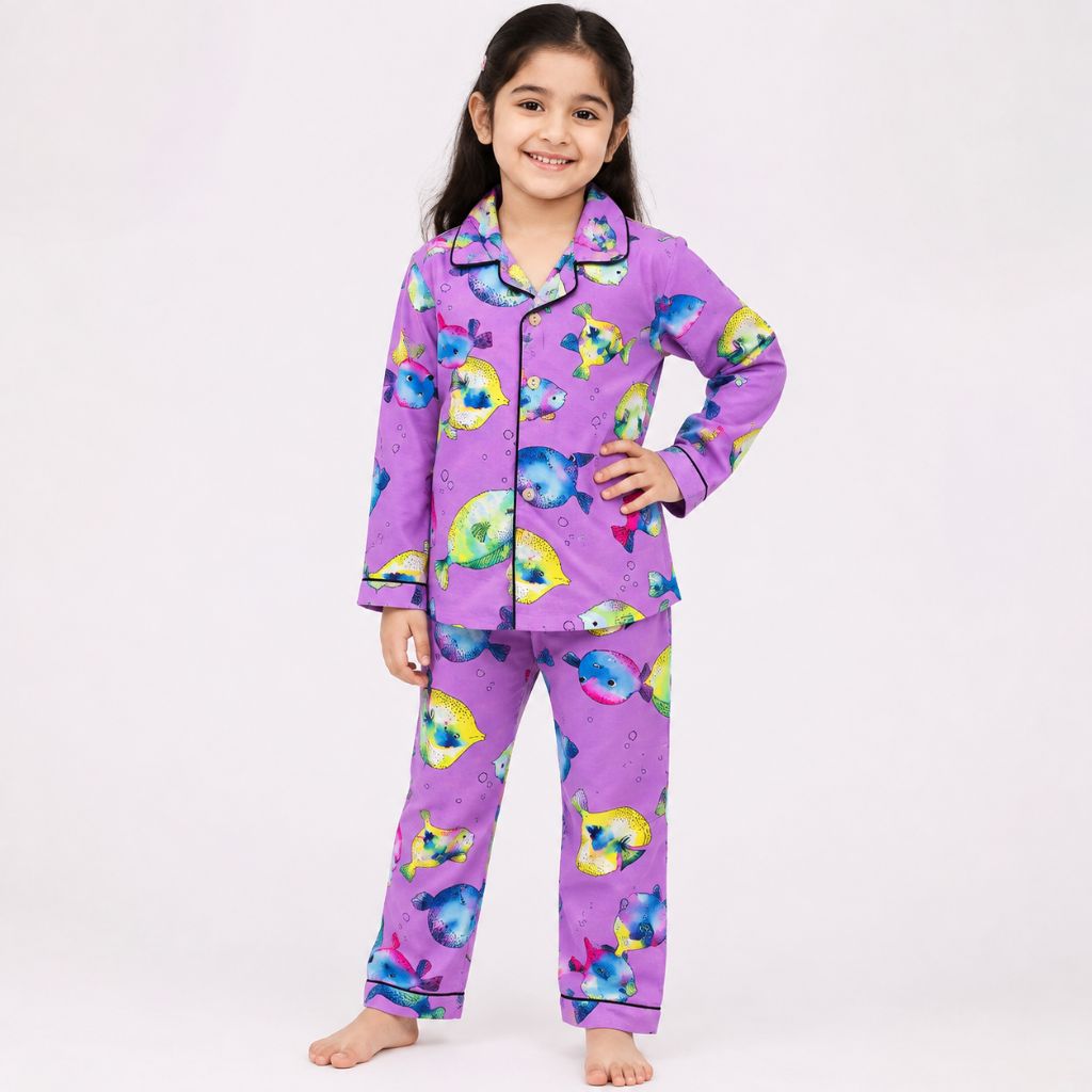 Kids Purple Cotton Puffer Fish Printed Night Suit Set | Full Sleeves | 1Y–8Y