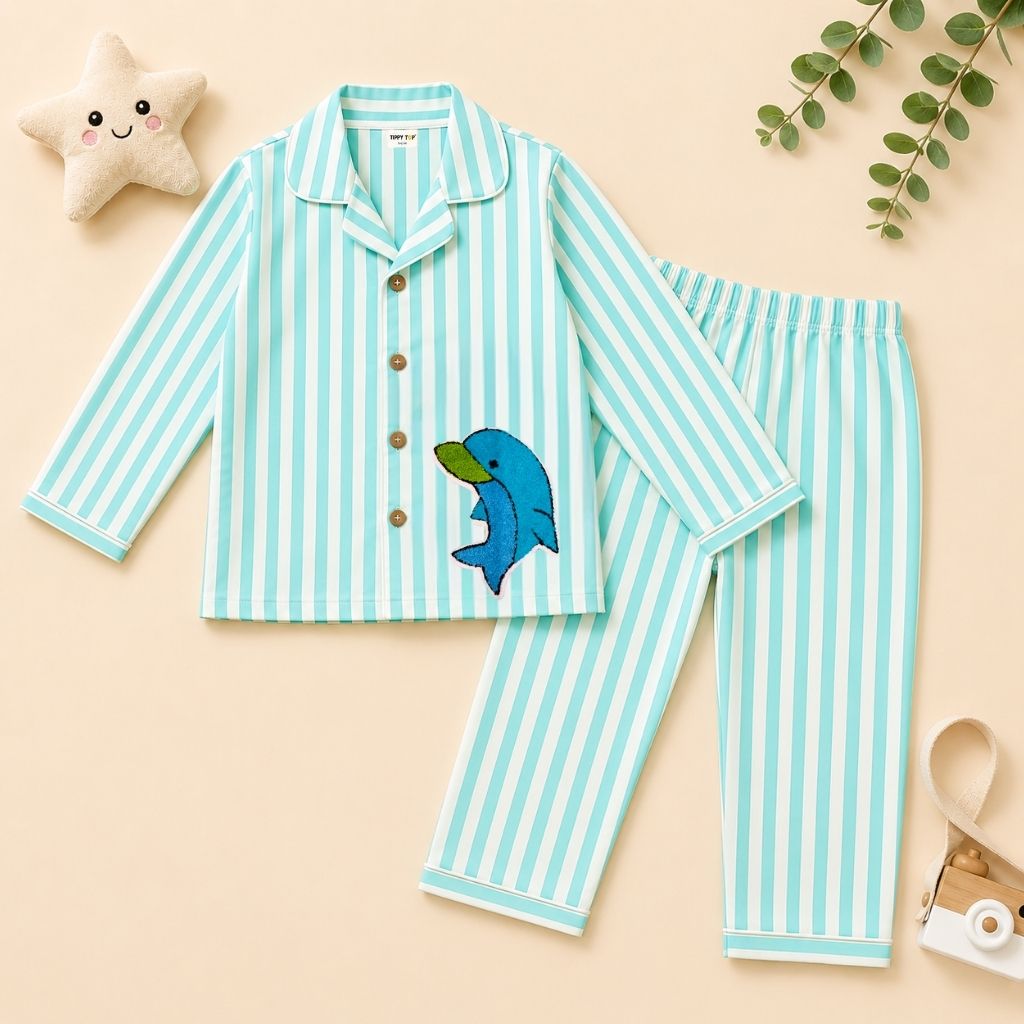 Kids aqua striped dolphin patch night suit – flat lay product view