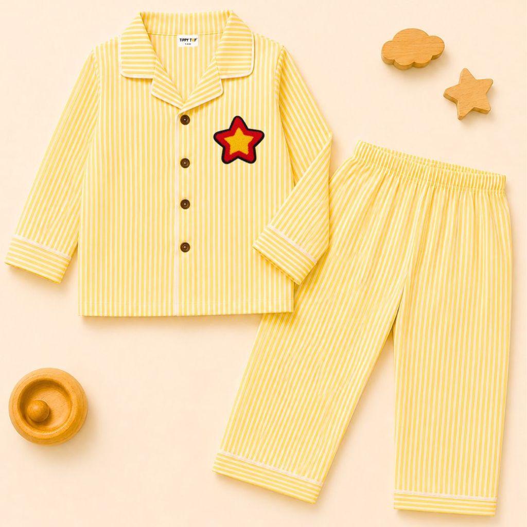 Kids Pure Cotton Night Suit | Yellow Vertical Stripe Full Sleeve Shirt & Pyjama Set with Star Patch