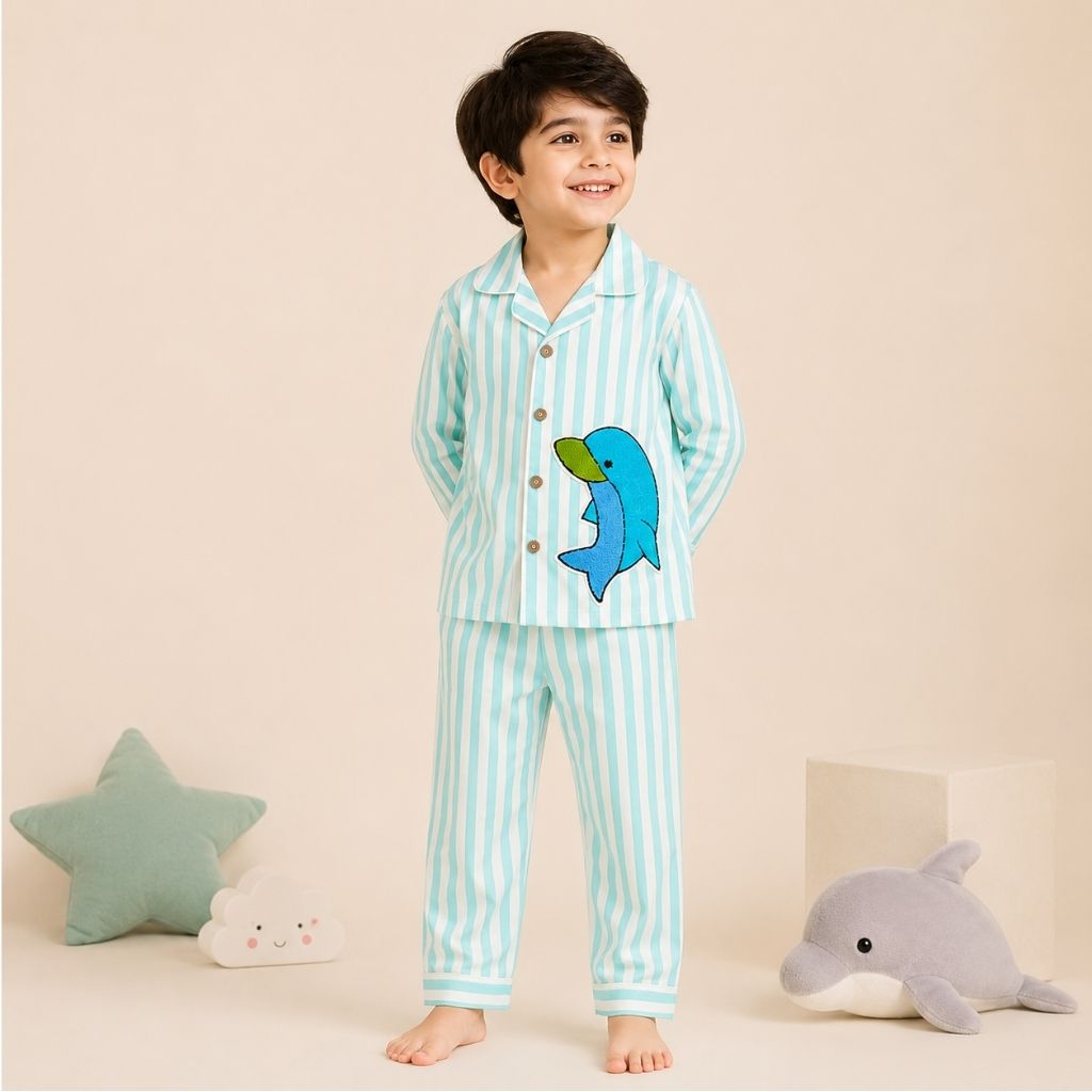 Kids aqua striped cotton night suit with dolphin patch – full sleeve shirt and pyjama set