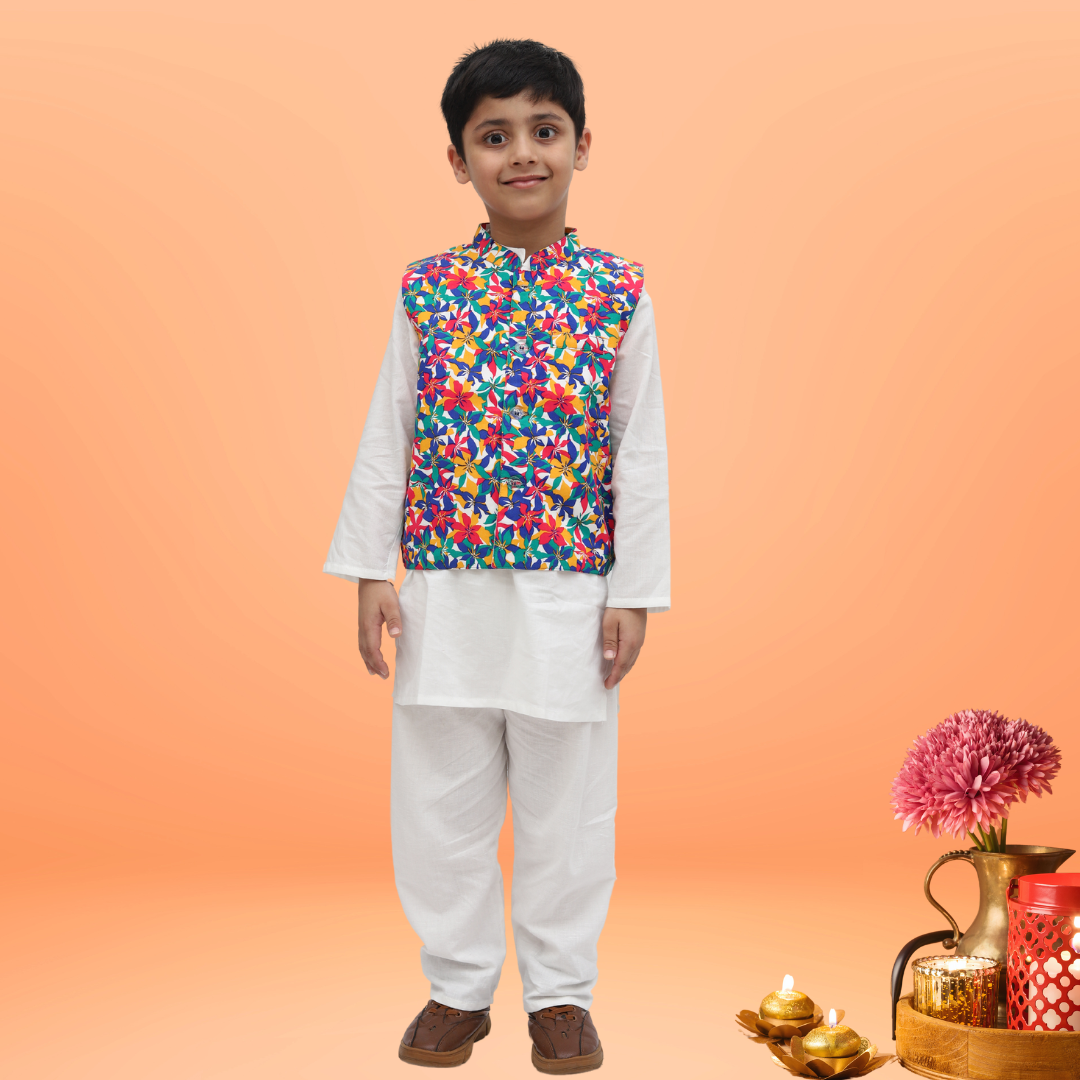 White Cotton Multicolor Nehru Jacket Kurta Set