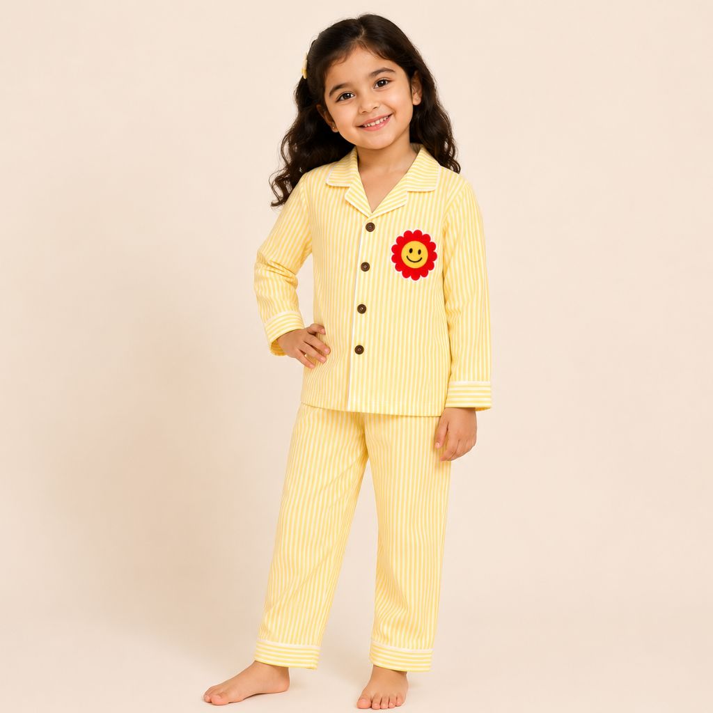 Kids Pure Cotton Night Suit | Yellow Vertical Stripe Full Sleeve Shirt & Pyjama Set with Smiley Flower Patch