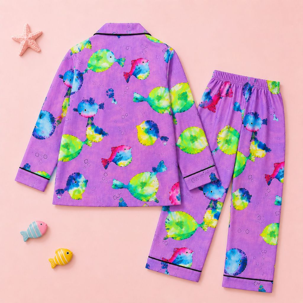 Kids Purple Cotton Puffer Fish Printed Night Suit Set | Full Sleeves | 1Y–8Y
