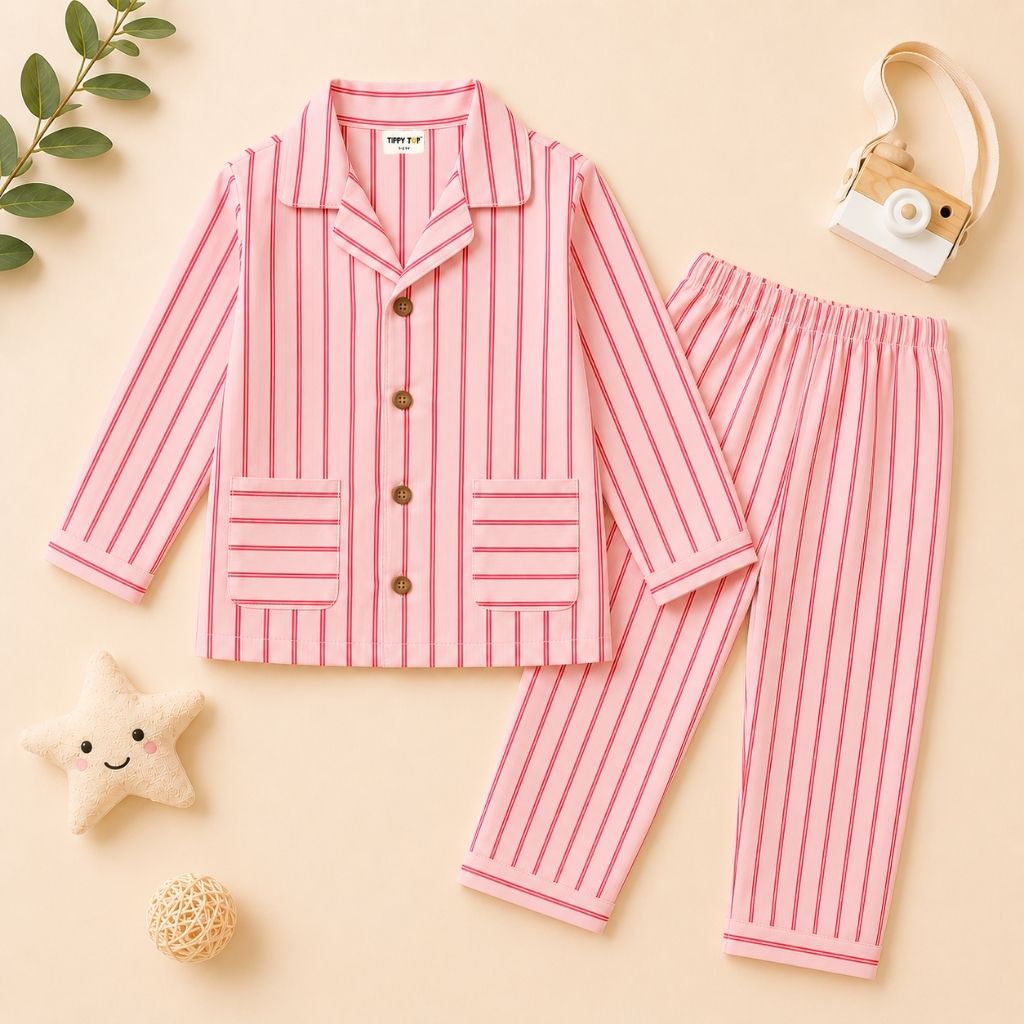 Girls red striped night suit – flat lay product view