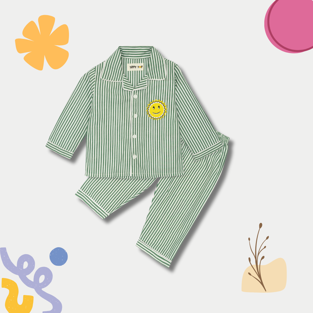 Green Cotton Striped Sun Patch Nightsuit Set