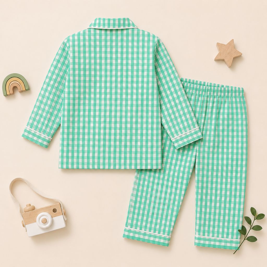 Kids Pure Cotton Night Suit | Green Gingham Checks Full Sleeve Shirt & Pyjama Set