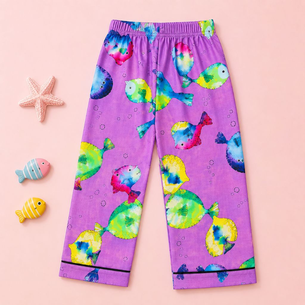 Kids Purple Cotton Puffer Fish Printed Night Suit Set | Full Sleeves | 1Y–8Y