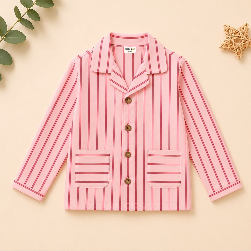 Girls red striped night suit – child wearing front view
