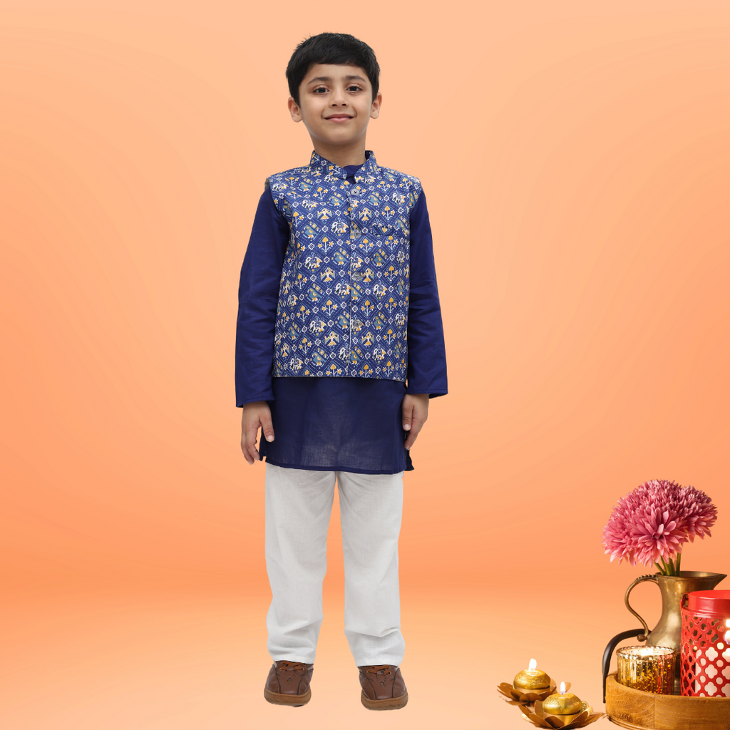 Blue Cotton Printed Nehru Jacket Kurta Set