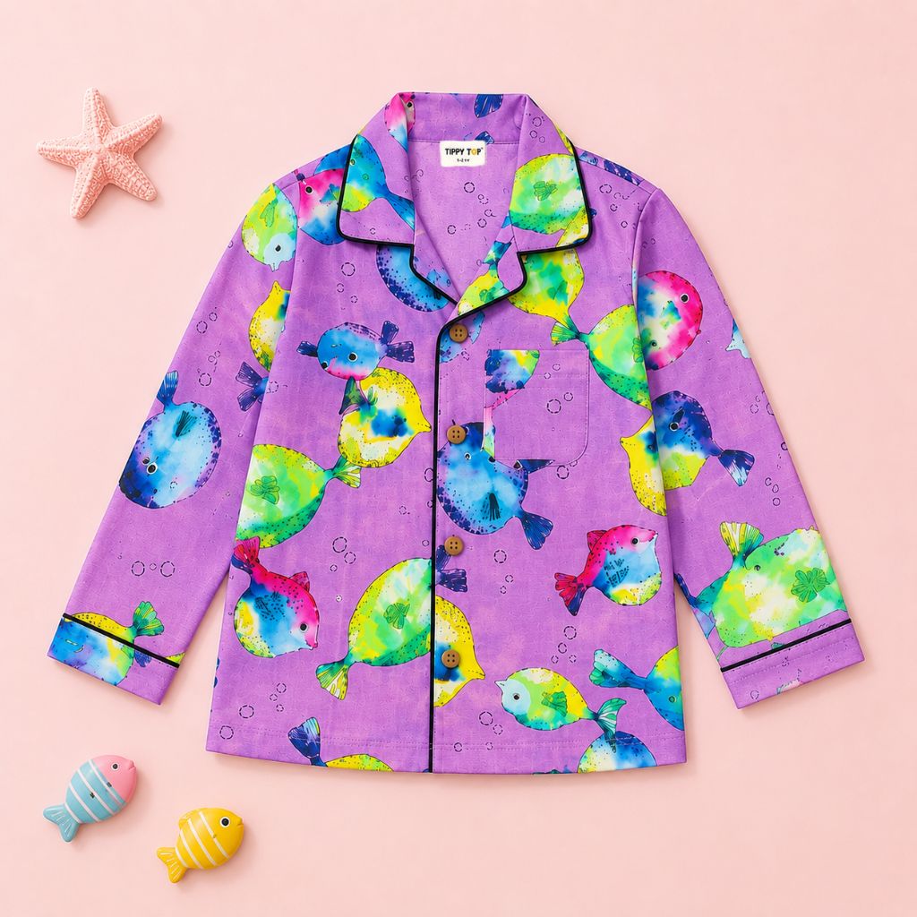 Kids Purple Cotton Puffer Fish Printed Night Suit Set | Full Sleeves | 1Y–8Y