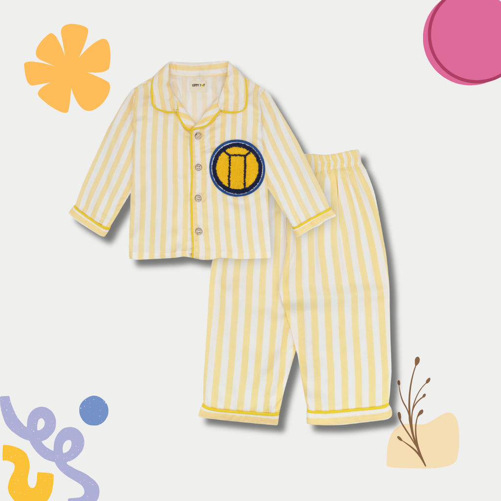 Yellow striped pajama set with a blue and yellow logo on a white background