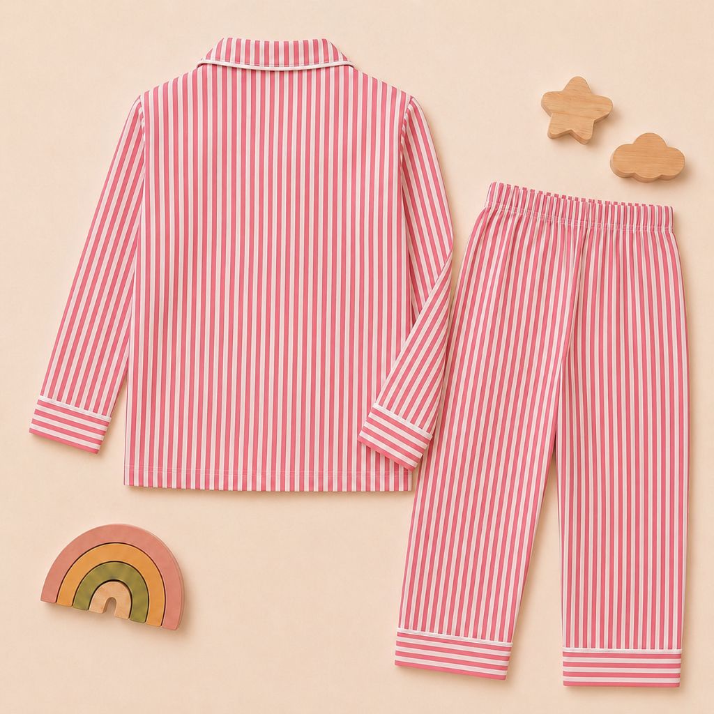 Kids Pure Cotton Night Suit | Red Vertical Stripe Full Sleeve Shirt & Pyjama Set with Flower Patch