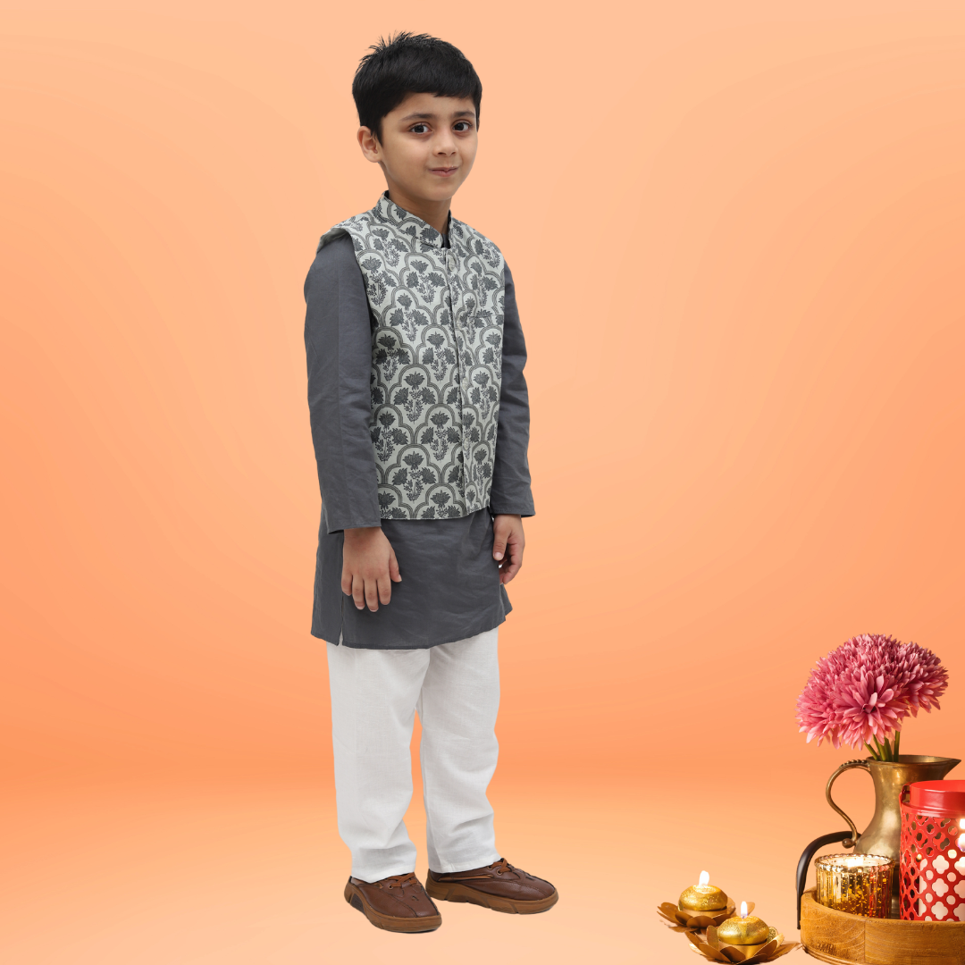Grey Cotton Printed Nehru Jacket Kurta Set