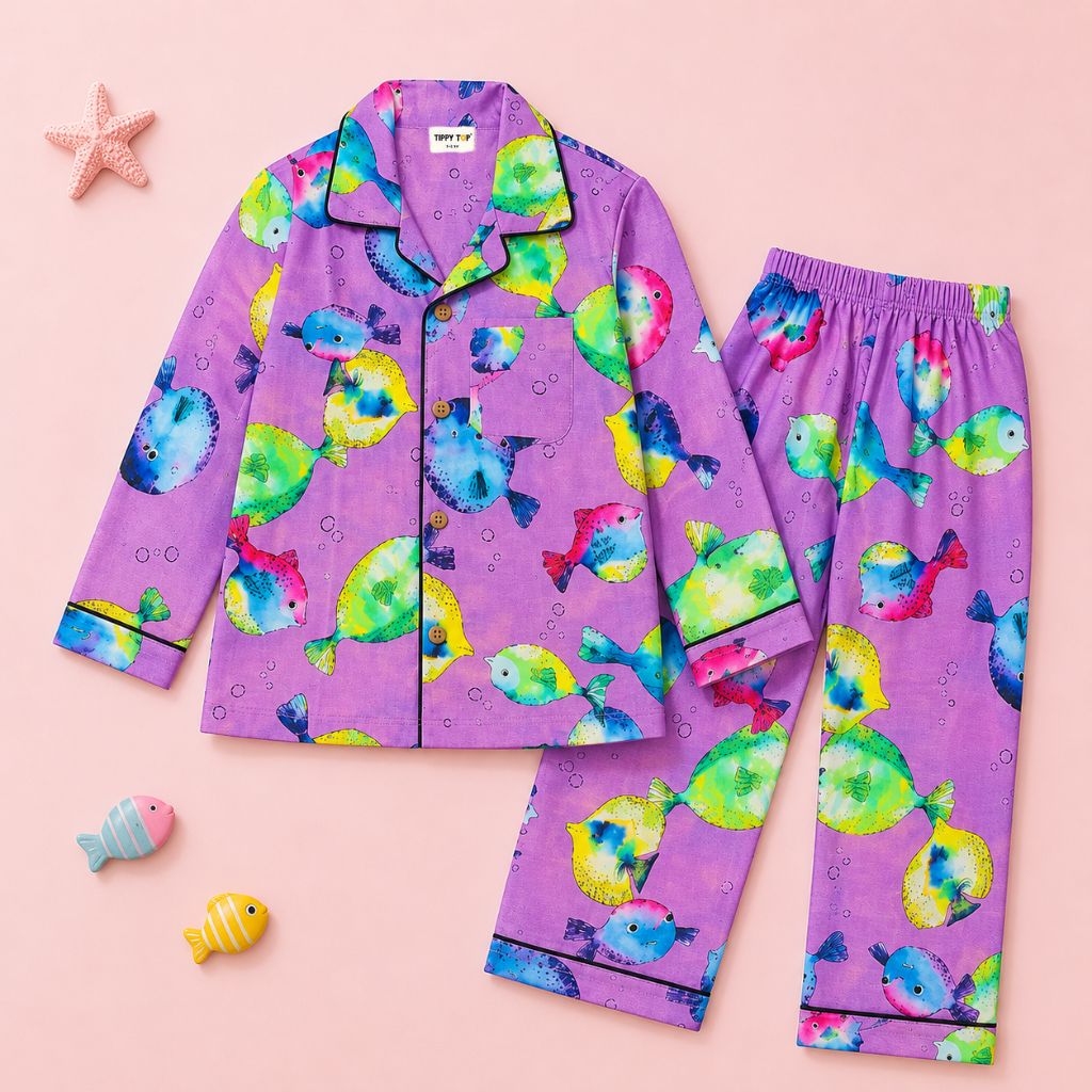 Kids Purple Cotton Puffer Fish Printed Night Suit Set | Full Sleeves | 1Y–8Y