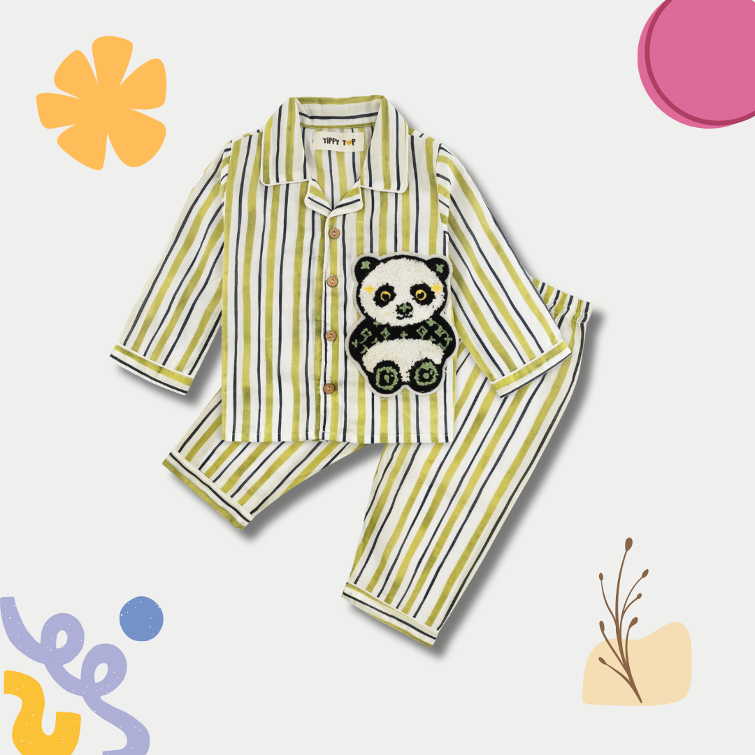 Cotton Pajama Set – Striped Nightsuit with Panda Patch
