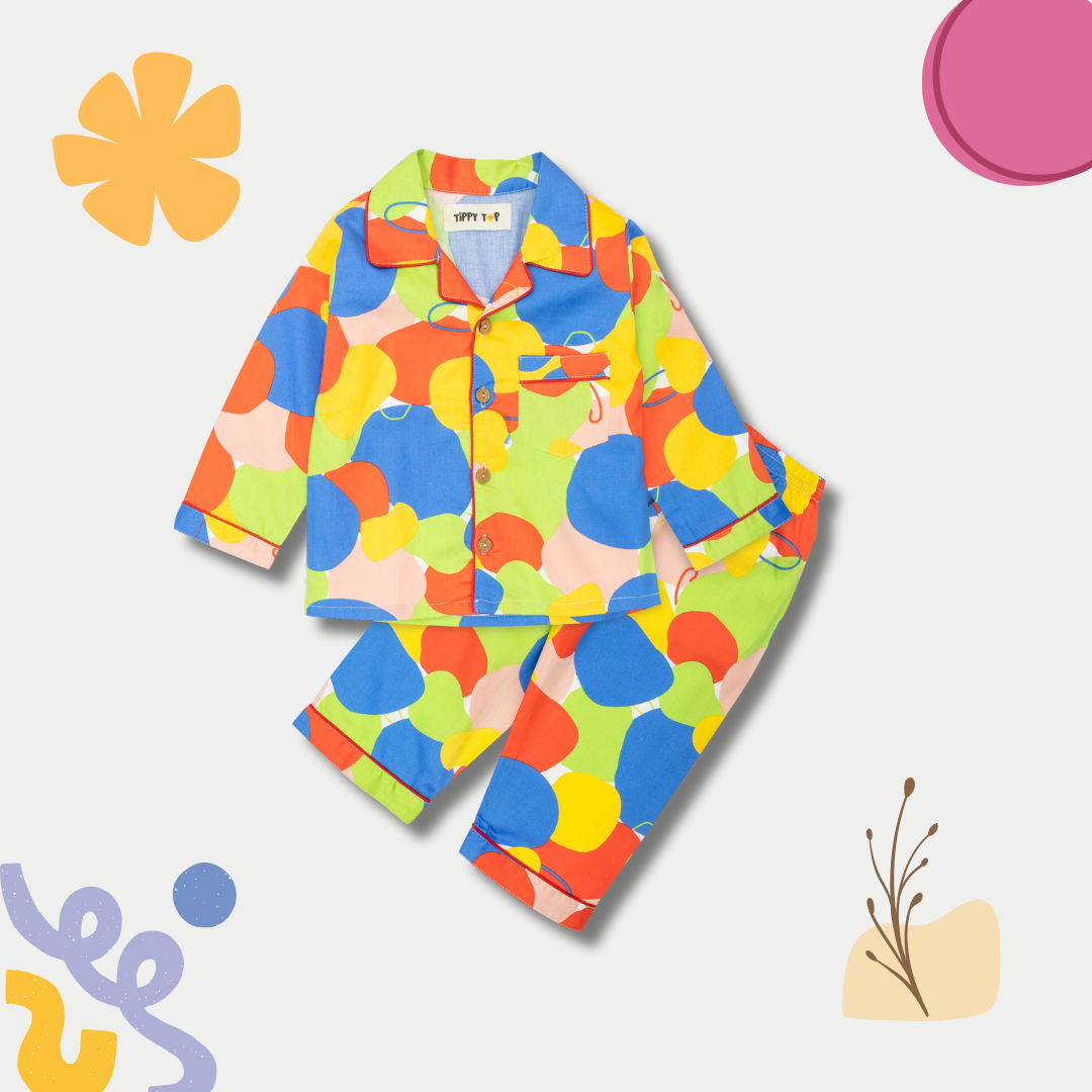 White Cotton Multicolor Circles Printed Nightsuit Set