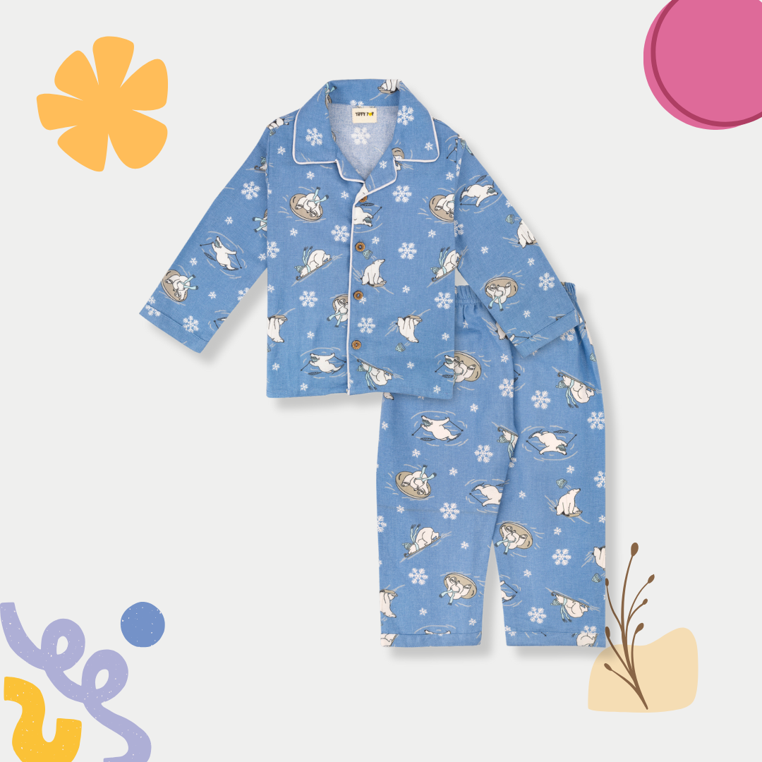 Winter Pajama Set – Blue Polar Animal Print Nightsuit