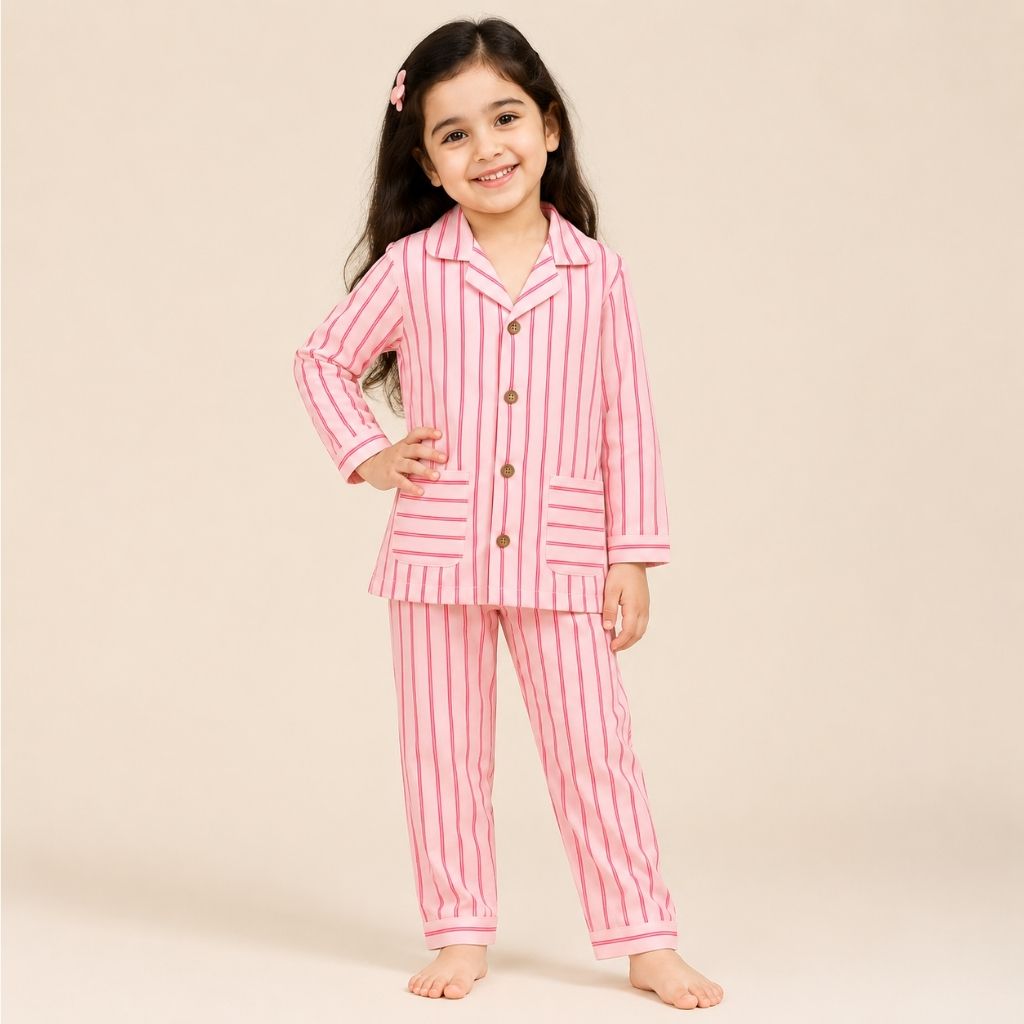 Girls red striped cotton night suit with pockets – full sleeve shirt and pyjama set