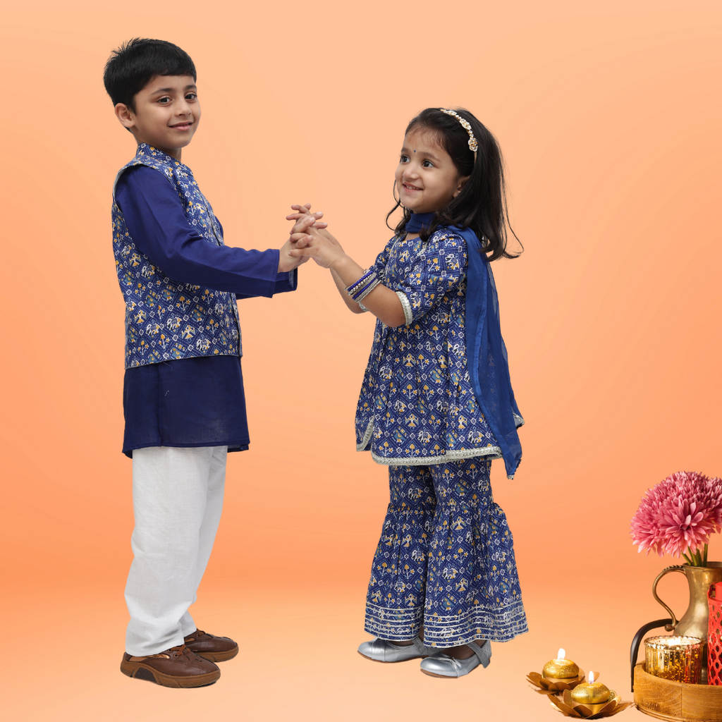 Blue Cotton Printed Nehru Jacket Kurta Set