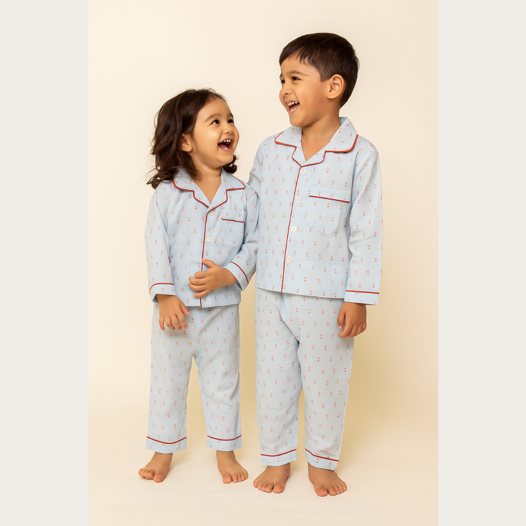 Two children wearing matching light blue pajamas with red accents on a beige background