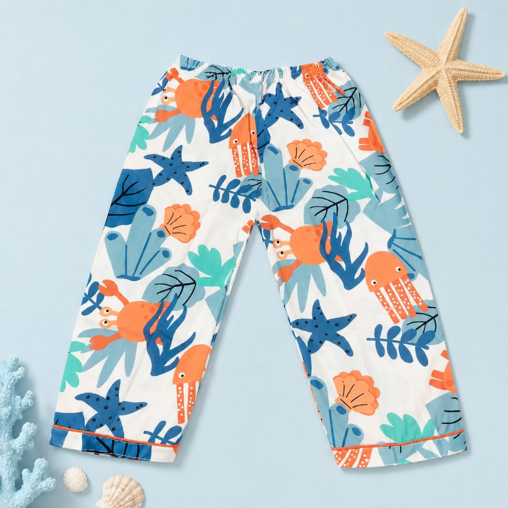 Kids White Sea Animal Print Cotton Night Suit