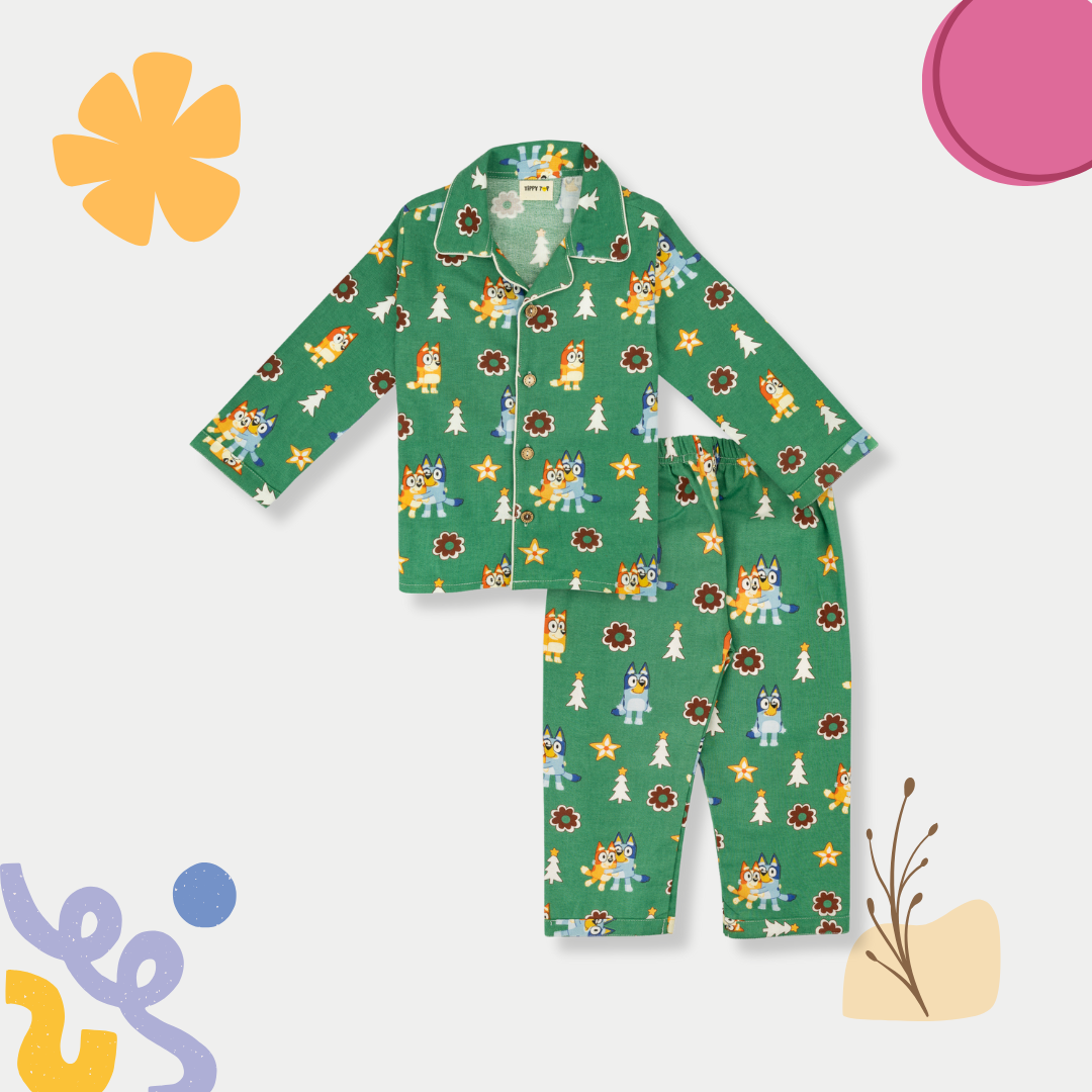 Winter Pajama Set – Green Animal Friends Print Nightsuit