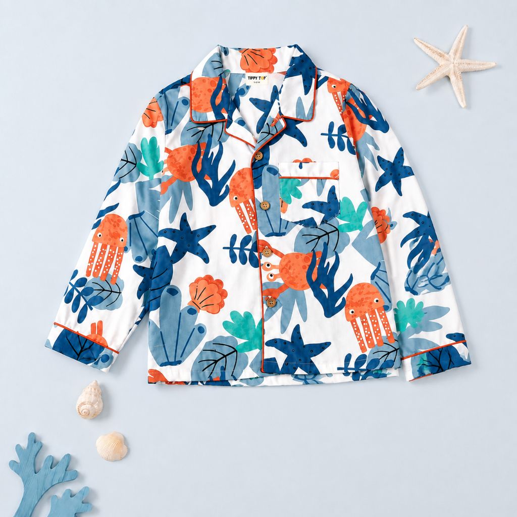 Kids White Sea Animal Print Cotton Night Suit