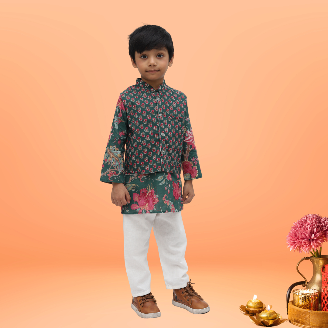 Green Cotton Floral Kurta Jacket Set