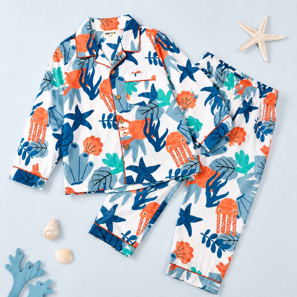 Kids White Sea Animal Print Cotton Night Suit