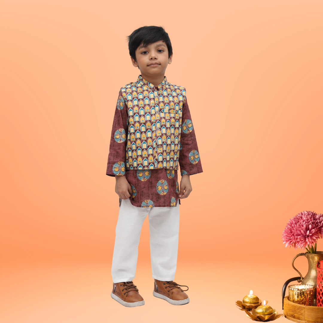 Brown Cotton Printed Nehru Jacket Kurta Set