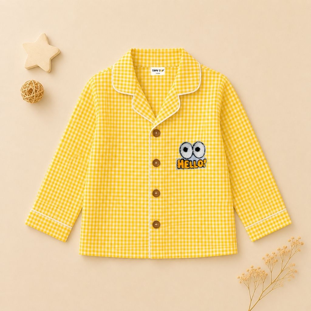 Kids yellow check hello patch night suit – child wearing front view