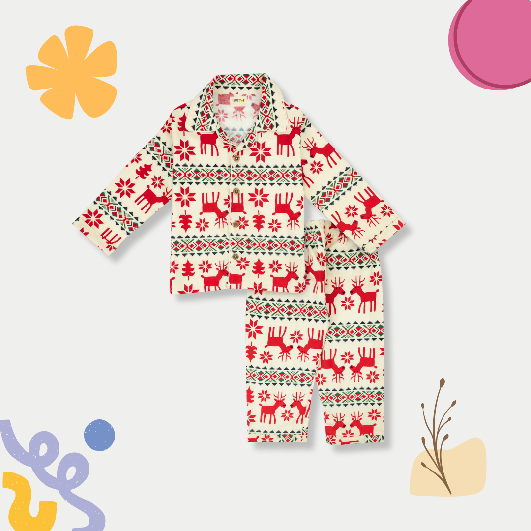 Winter Pajama Set – Red & Cream Christmas Reindeer Nightsuit