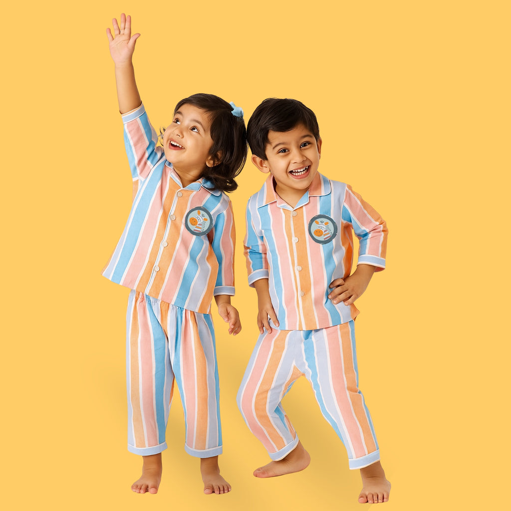 Giraffe ‑ Patch Striped Cotton Nightsuit –  Full‑Sleeves