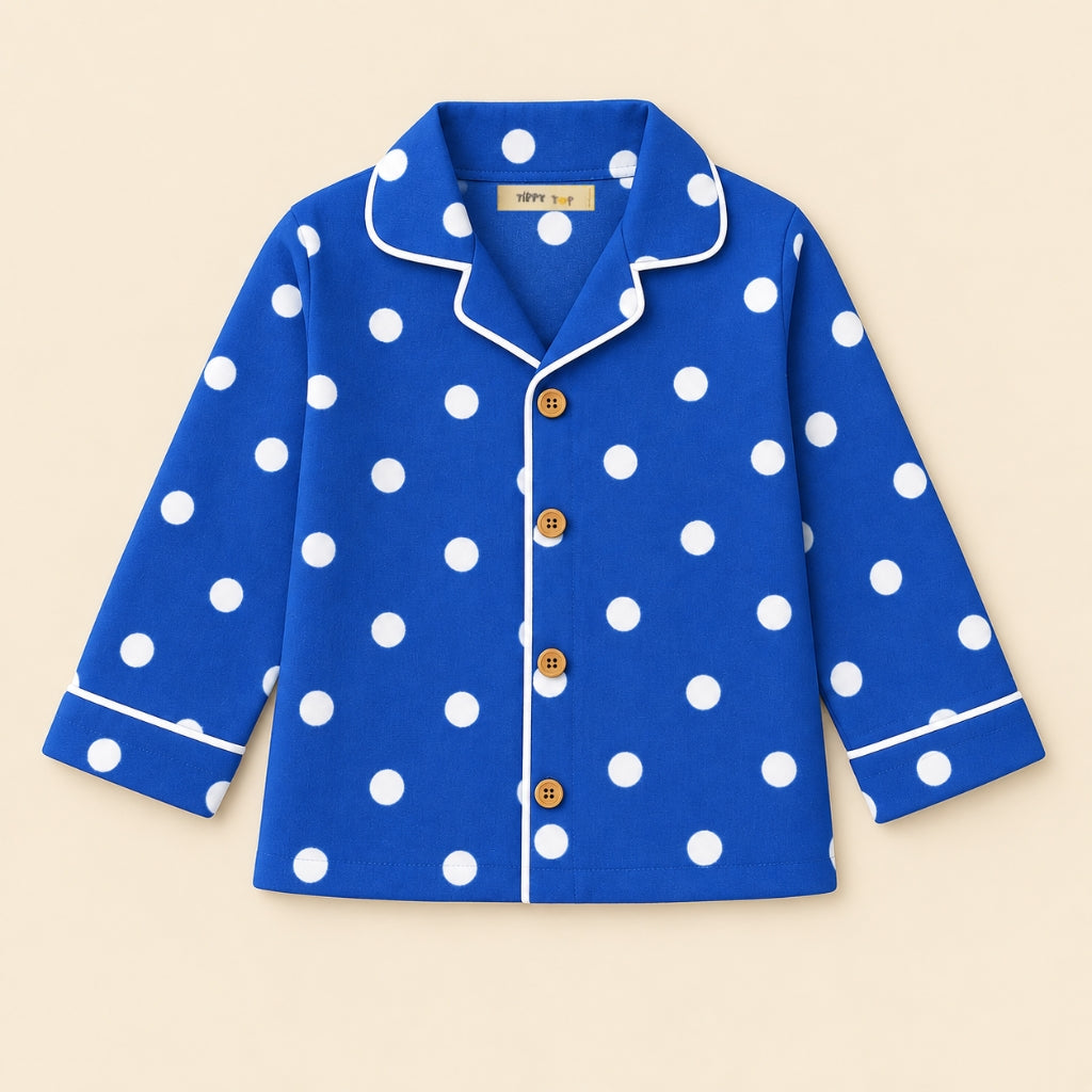 Cotton Full Sleeves Blue White Polka Dot Shirt & Pajama Nightsuit Set for Kids