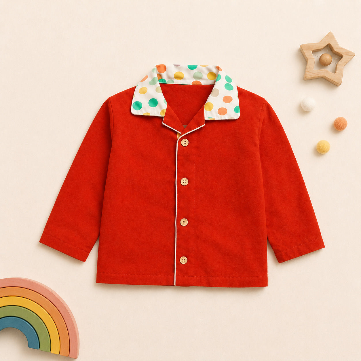 Kids Red Cotton Night Suit with Polka Dot Collar