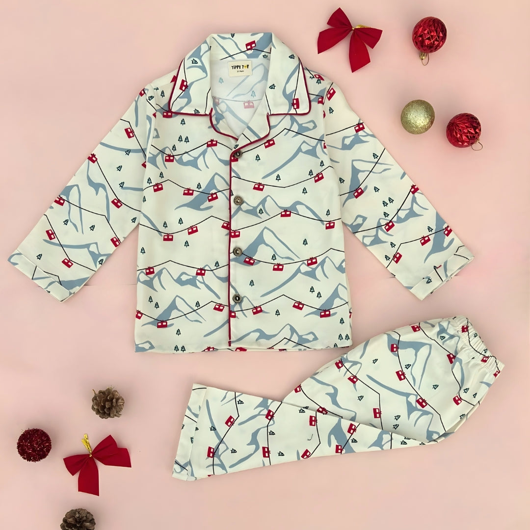 Winter Pajama Set – Cable Car Print Nightsuit