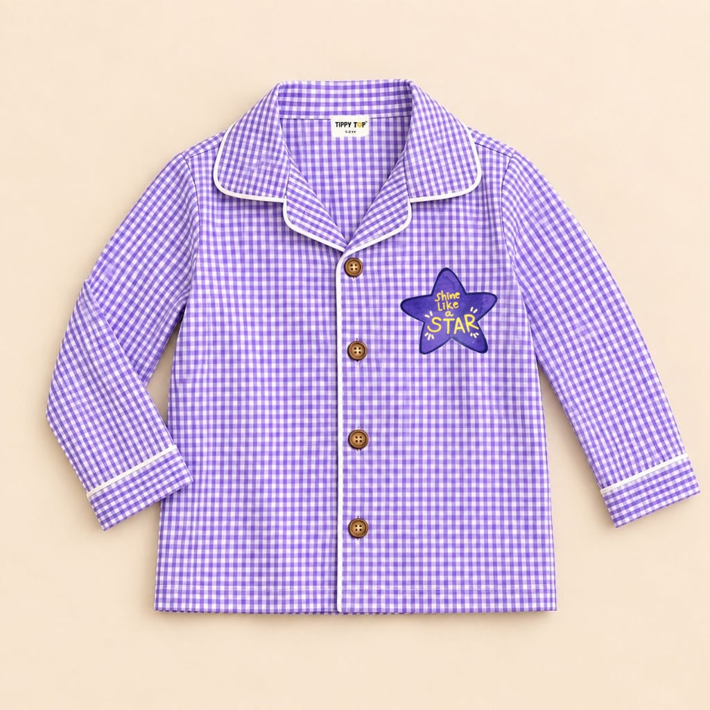 Cotton Full Sleeves Star Sticker Purple Ghingham Shirt & Pajama Nightsuit Set for Girls