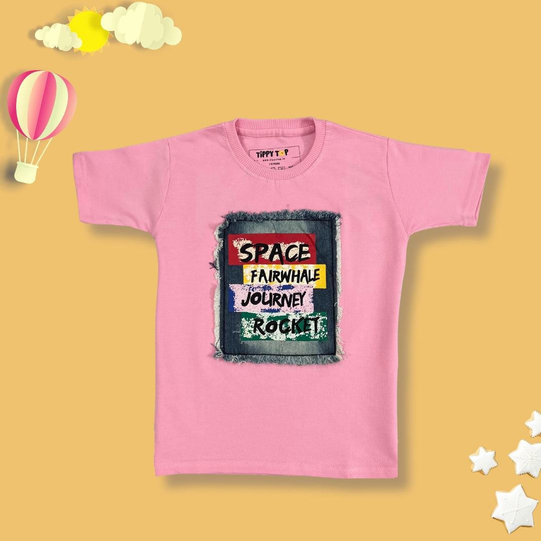 Kids Pink Cotton T-Shirt with Denim Patch | Space Rocket Graphic Tee