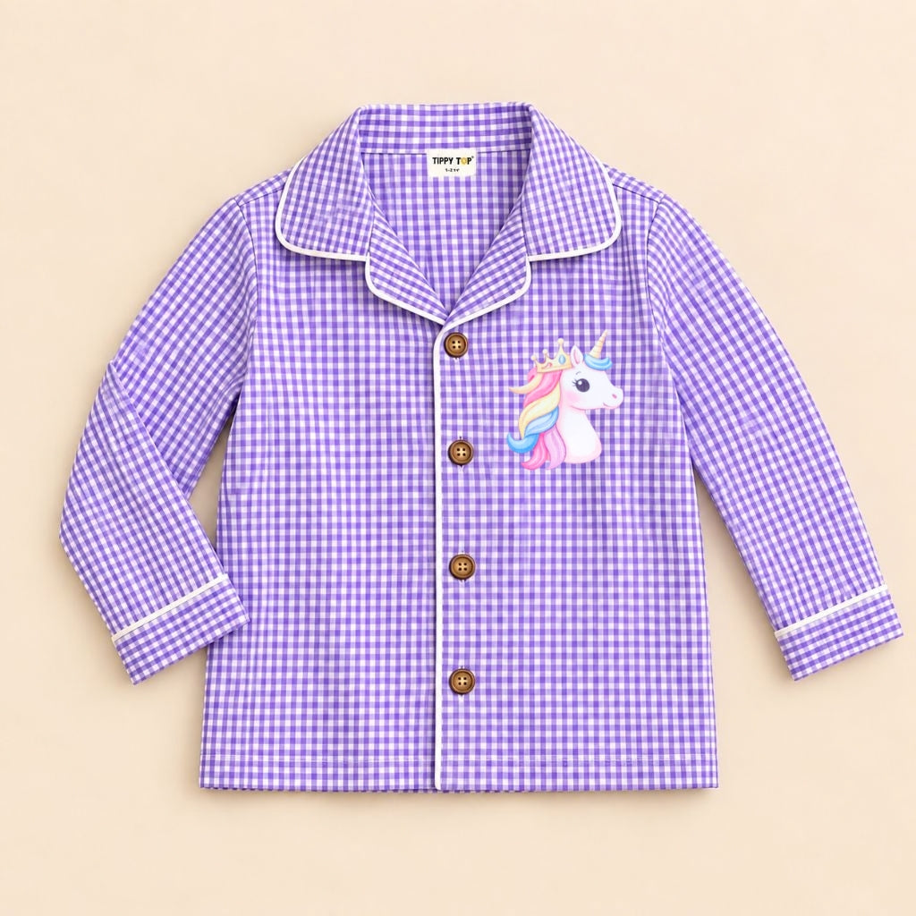 Cotton Full Sleeves Unicorn Sticker Purple Gingham Shirt & Pajama Nightsuit Set for Girls