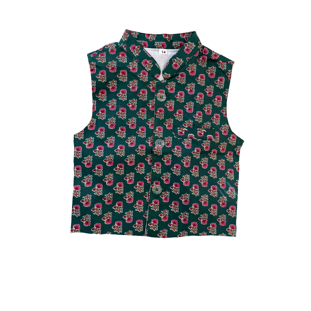 Green Cotton Floral Kurta Jacket Set