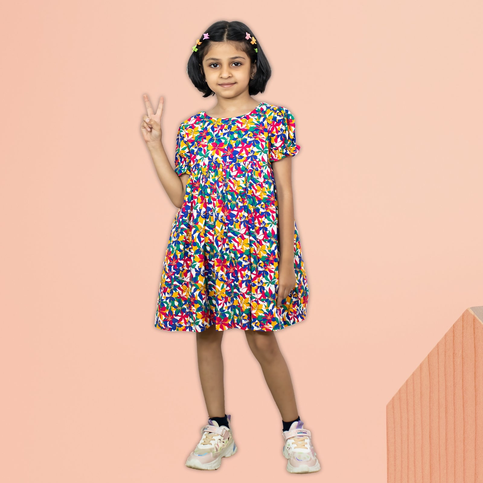 Girls Multicolor Floral Print Dress — Short Puff Sleeve Party Dress