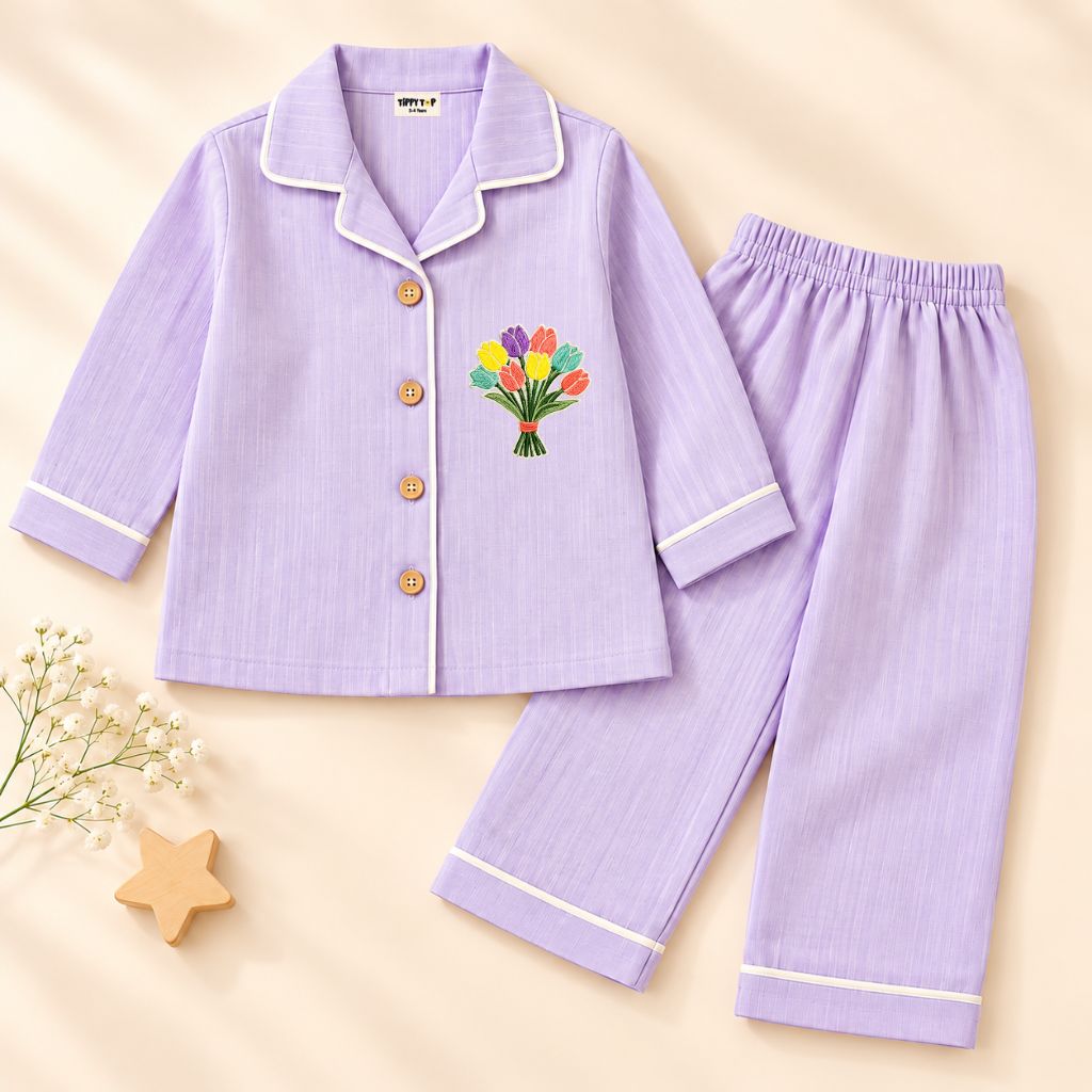Kids Lavender Cotton Night Suit with Floral Patch
