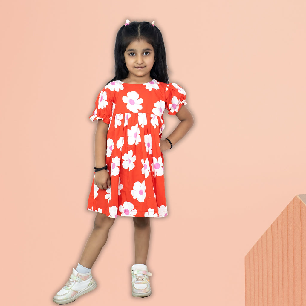Girls Red Floral Dress -  Puff-Sleeve Cotton Party